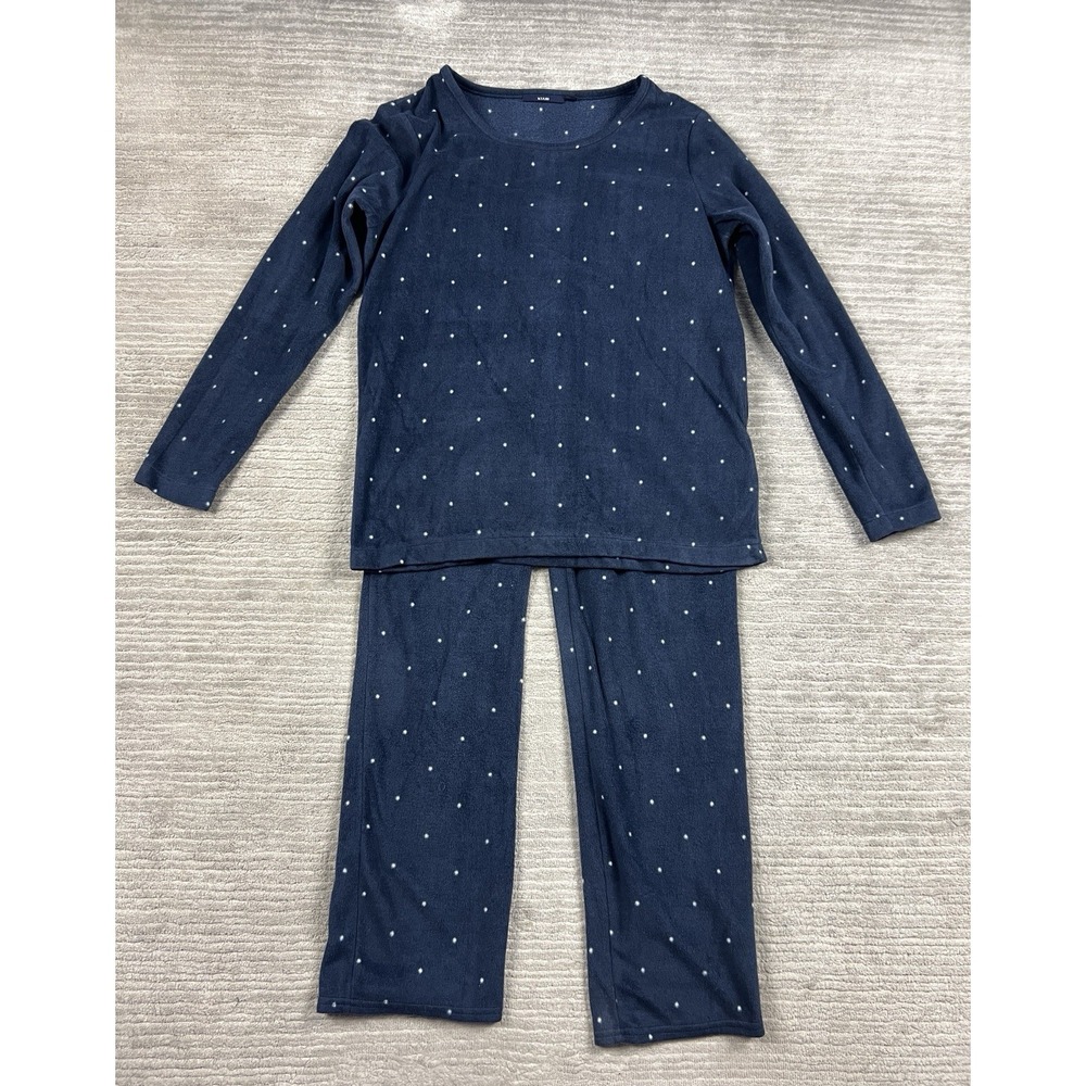 Kiabi Pajama Set Womens Large Blue Polka Dot Fleece Pants Long Sleeve Sleepwear